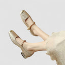 Women's Jacquard Twisted Strap Mary Jane Shoes – Rhinestone Block Heel Square Toe