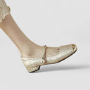 Women's Jacquard Twisted Strap Mary Jane Shoes – Rhinestone Block Heel Square Toe