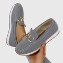Women's Knit Slip On Sneakers – Square Toe Gold Horsebit Loafer Flatform Shoes