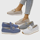 Women's Knit Slip On Sneakers – Square Toe Gold Horsebit Loafer Flatform Shoes