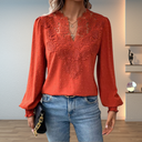 Women's Lace Appliqué Dobby Blouse – V Neck Long Sleeve Boho Casual Top