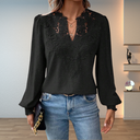Women's Lace Appliqué Dobby Blouse – V Neck Long Sleeve Boho Casual Top