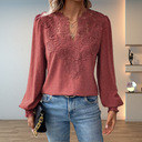 Women's Lace Appliqué Dobby Blouse – V Neck Long Sleeve Boho Casual Top