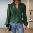 Women's Lace Appliqué Dobby Blouse – V Neck Long Sleeve Boho Casual Top