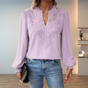 Women's Lace Appliqué Dobby Blouse – V Neck Long Sleeve Boho Casual Top