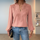 Women's Lace Appliqué Dobby Blouse – V Neck Long Sleeve Boho Casual Top