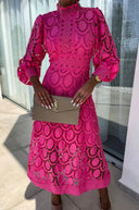 Women's Lace Midi Dress – High Neck Long Sleeve Openwork Formal Wedding Guest