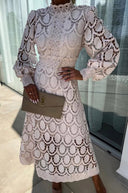 Women's Lace Midi Dress – High Neck Long Sleeve Openwork Formal Wedding Guest