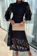 Women's Lace Midi Dress – High Neck Long Sleeve Openwork Formal Wedding Guest