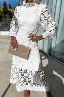 Women's Lace Midi Dress – High Neck Long Sleeve Openwork Formal Wedding Guest