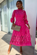 Women's Lace Midi Dress – High Neck Long Sleeve Openwork Formal Wedding Guest