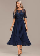 Women's Lace Sequin Midi Dress – Round Neck Short Sleeve Tiered Skirt Wedding Guest