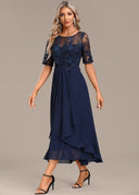 Women's Lace Sequin Midi Dress – Round Neck Short Sleeve Tiered Skirt Wedding Guest