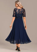 Women's Lace Sequin Midi Dress – Round Neck Short Sleeve Tiered Skirt Wedding Guest