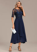 Women's Lace Sequin Midi Dress – Round Neck Short Sleeve Tiered Skirt Wedding Guest