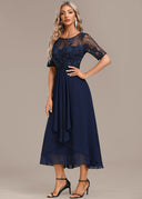 Women's Lace Sequin Midi Dress – Round Neck Short Sleeve Tiered Skirt Wedding Guest