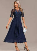 Women's Lace Sequin Midi Dress – Round Neck Short Sleeve Tiered Skirt Wedding Guest