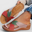 Women's Leaf Appliqué Color Block Wedge Sandals – Open Toe Slip On Casual Summer