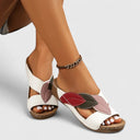 Women's Leaf Appliqué Color Block Wedge Sandals – Open Toe Slip On Casual Summer