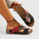Women's Leaf Appliqué Color Block Wedge Sandals – Open Toe Slip On Casual Summer