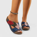 Women's Leaf Appliqué Color Block Wedge Sandals – Open Toe Slip On Casual Summer
