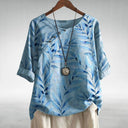 Women's Leaf Print Blouse – Round Neck Asymmetric Button Short Sleeve Curved Hem
