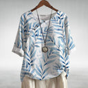Women's Leaf Print Blouse – Round Neck Asymmetric Button Short Sleeve Curved Hem