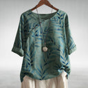Women's Leaf Print Blouse – Round Neck Asymmetric Button Short Sleeve Curved Hem