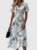 Women's Leaf Print Midi Dress – Wrap V Neck Short Sleeve A-Line Summer