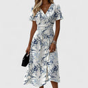 Women's Leaf Print Midi Dress – Wrap V Neck Short Sleeve A-Line Summer