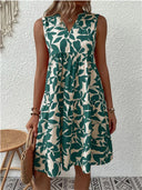 Women's Leaf Print Mini Dress – V Neck Sleeveless Tiered Babydoll Summer Beach