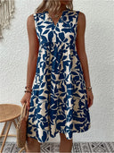 Women's Leaf Print Mini Dress – V Neck Sleeveless Tiered Babydoll Summer Beach
