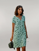 Women's Leaf Print Shift Dress – Split V Neck Short Sleeve Knee Length Summer