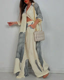 Women's Leaf Print Two Piece Set – Button Shirt Wide Leg Pants Boho Outfit