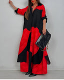 Women's Leaf Print Two Piece Set – Button Shirt Wide Leg Pants Boho Outfit