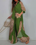 Women's Leaf Print Two Piece Set – Button Shirt Wide Leg Pants Boho Outfit
