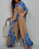 Women's Leaf Print Two Piece Set – Button Shirt Wide Leg Pants Boho Outfit