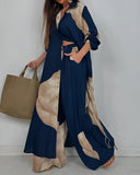 Women's Leaf Print Two Piece Set – Button Shirt Wide Leg Pants Boho Outfit
