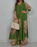 Women's Leaf Print Two Piece Set – Button Shirt Wide Leg Pants Boho Outfit