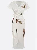 Women's Leaf Print Wrap Midi Dress – Deep V Neck Flutter Sleeve Tie Waist Summer