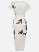 Women's Leaf Print Wrap Midi Dress – Deep V Neck Flutter Sleeve Tie Waist Summer