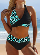 Women's Leopard Print Halter Bikini Set – Crossover Top High Waist Two Piece