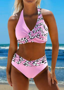 Women's Leopard Print Halter Bikini Set – Crossover Top High Waist Two Piece