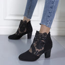 Women's Leopard Print Lace Overlay Ankle Boots – Round Toe Floral Guipure Stiletto