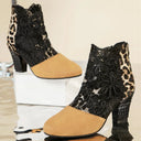 Women's Leopard Print Lace Overlay Ankle Boots – Round Toe Floral Guipure Stiletto
