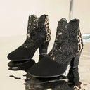 Women's Leopard Print Lace Overlay Ankle Boots – Round Toe Floral Guipure Stiletto