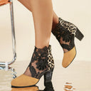 Women's Leopard Print Lace Overlay Ankle Boots – Round Toe Floral Guipure Stiletto
