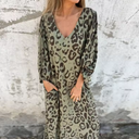 Women's Leopard Print Maxi – V Neck 3/4 Sleeve Pocket Casual Everyday Dress