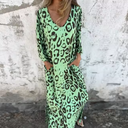 Women's Leopard Print Maxi – V Neck 3/4 Sleeve Pocket Casual Everyday Dress