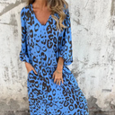 Women's Leopard Print Maxi – V Neck 3/4 Sleeve Pocket Casual Everyday Dress